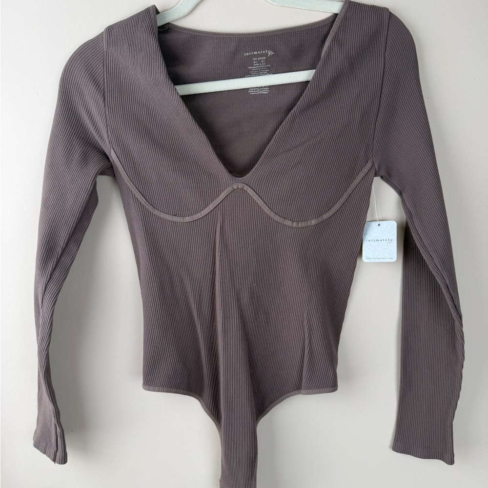 Free People V-Neck Ribbed Bodysuit in Brown